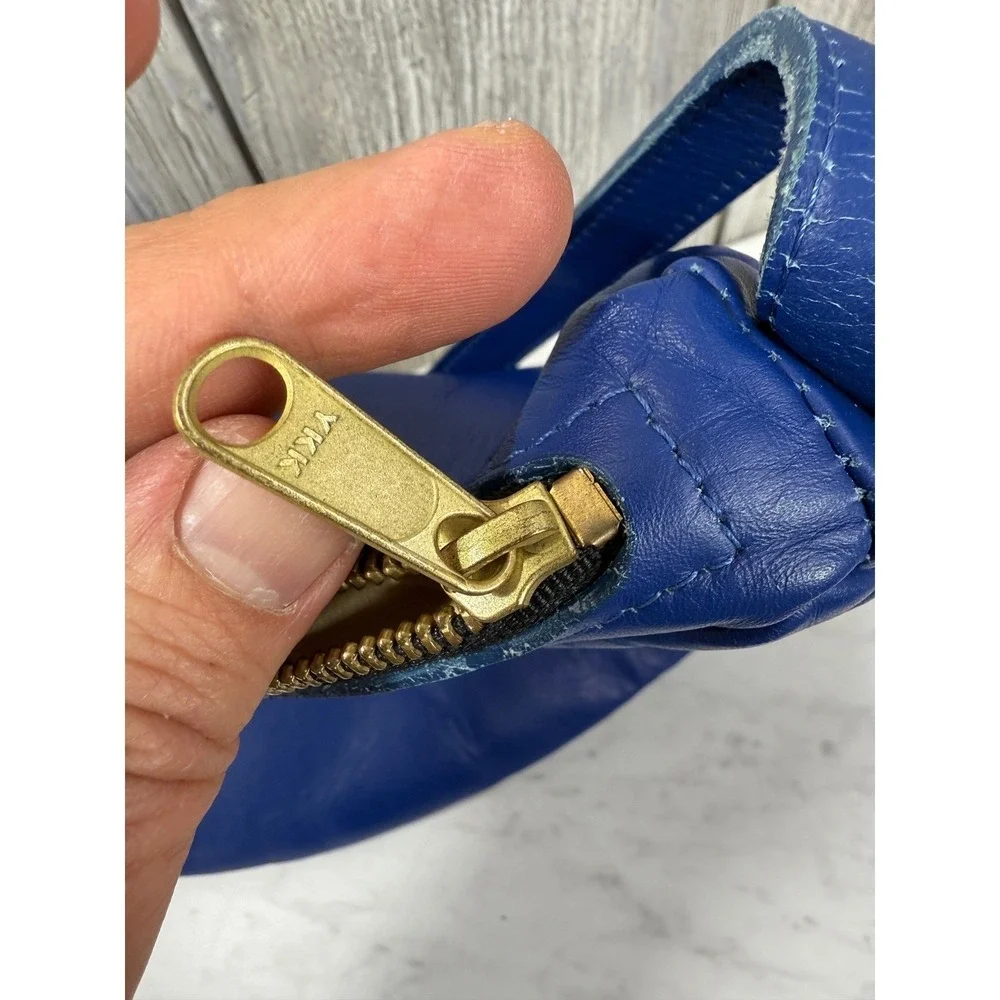 Directive Cobalt Blue Leather Half Moon Crossbody Bag Adjustable Strap Brass